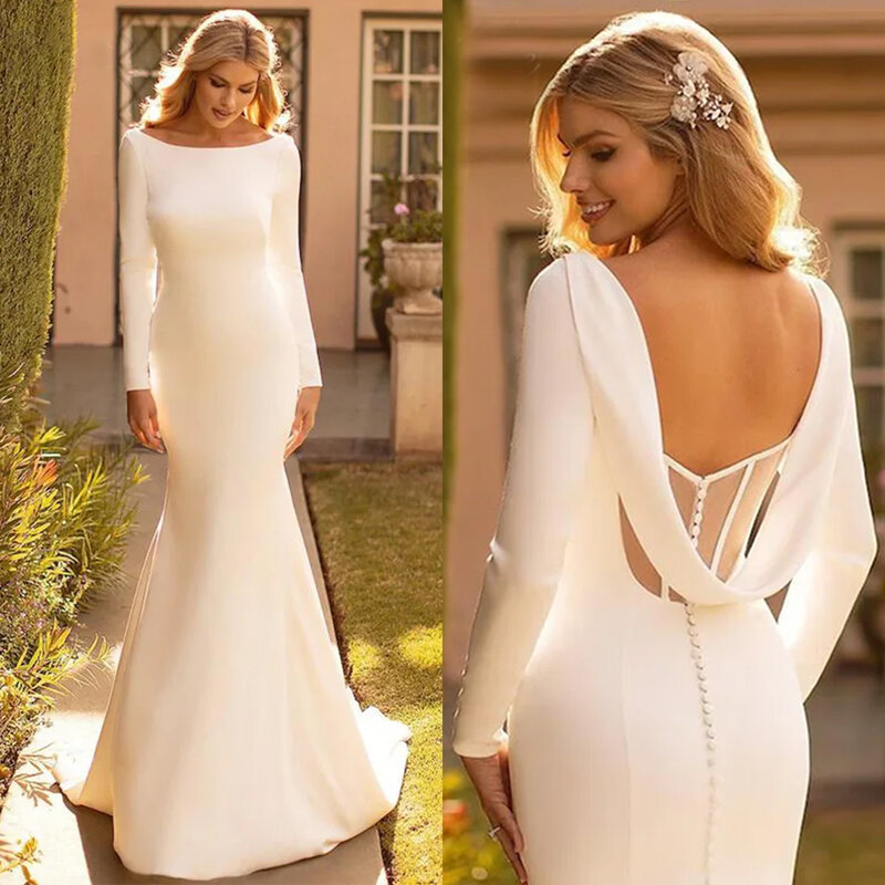 Женское свадебное платье-Русалка It's yiiya, белое элегантное атласное платье с длинными рукавами и круглым вырезом на спине на лето 2024