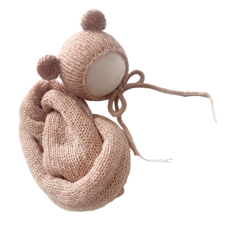 Neugeborenen-Outfit mit Baby-Bär-Motiv, Set aus Mohair-Wickeltuch und Mütze für Fotoshootings