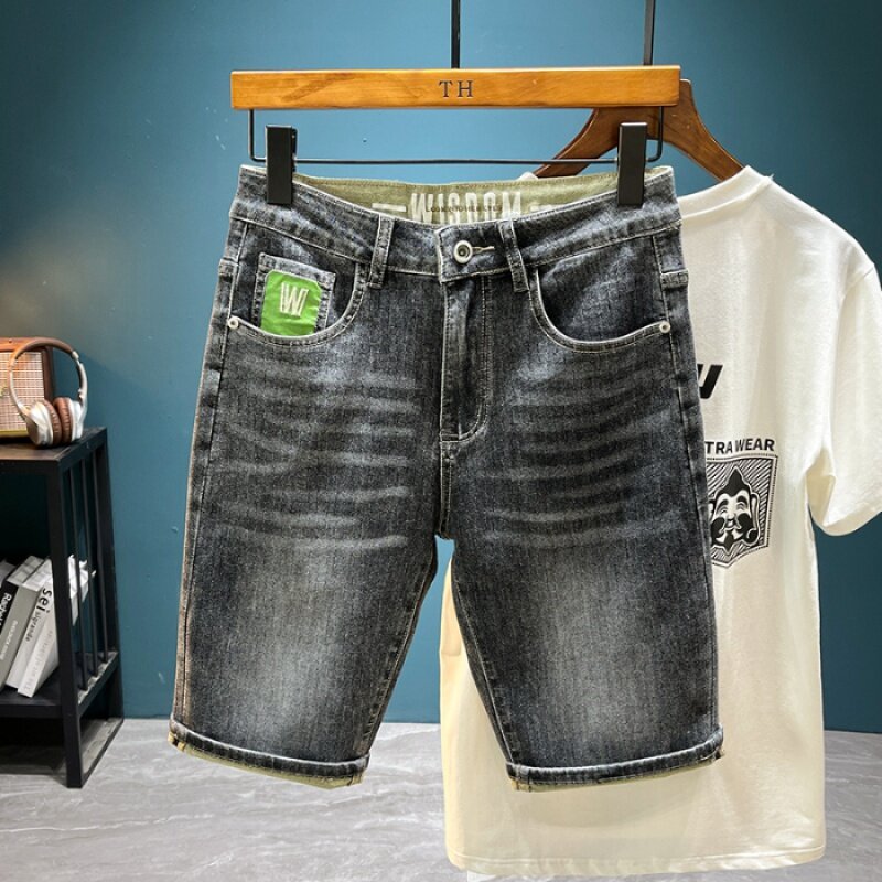 2024Summer Thin Stretch Denim Shorts Men's Fashionable Printed Fitted All-Matching Casual Fashionable High-End Shorts