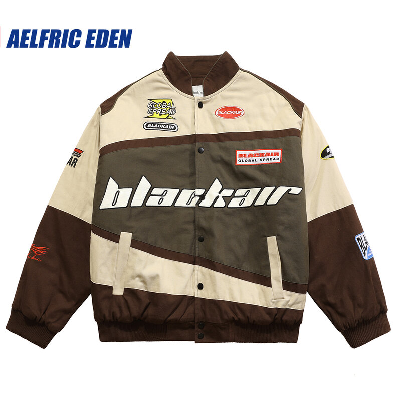 Aelfric Eden BLACKAIR Motosports kurtka Vintage Embrodiery Color Block płaszcze z patchworku Streetwear Harajuku Casual kurtki wyścigowe