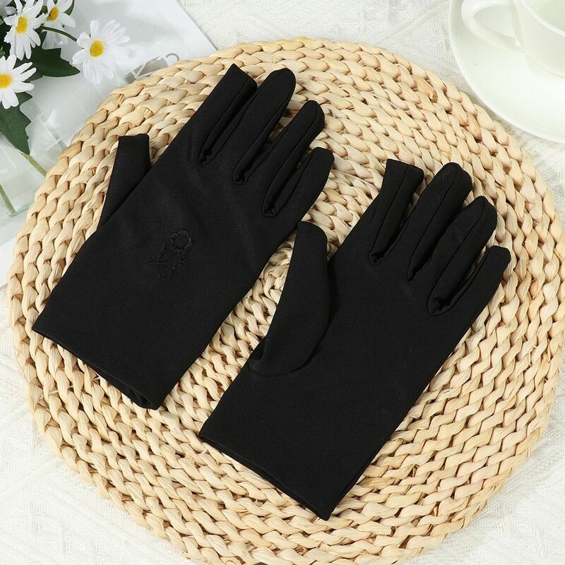 Sarung tangan pelindung matahari tipis, sarung tangan tabir surya elastis bordir luar ruangan, sarung tangan jari penuh gadis