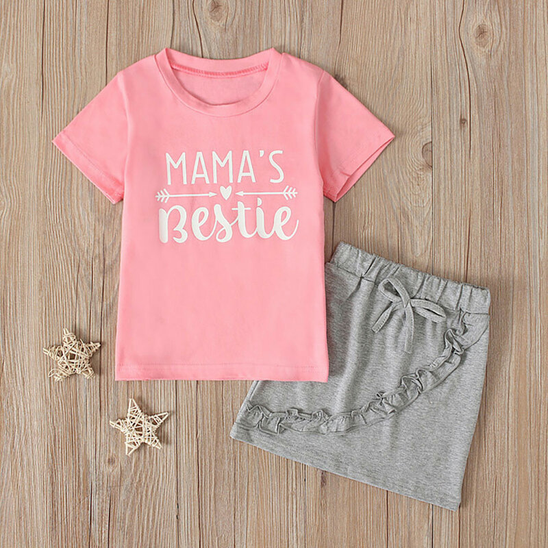 Camiseta de manga curta feminina e saia curta cinza, conjunto de roupas infantis, top casual, rosa, 2 peças, novo, 2 peças