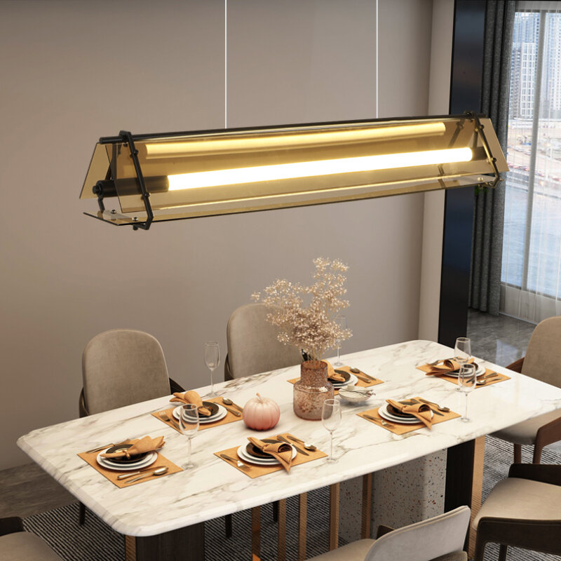 Lampu gantung kaca seni, lampu Nordik sederhana untuk ruang makan dapur Bar kantor kafe gantung besi panjang