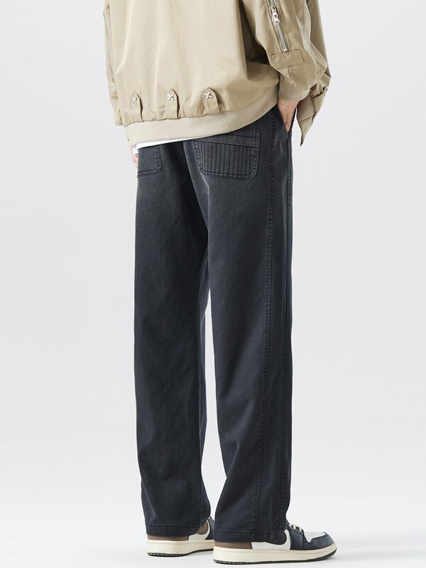 Jeans lyocell masculino com cordão gradiente, calça jeans reta de perna larga, calça casual de algodão, moda primavera-outono