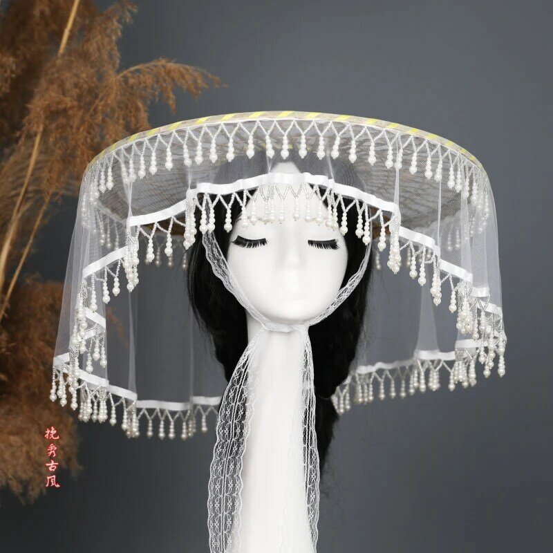 Cortina de borla de doble capa de estilo antiguo, sombrero de bambú para la cabeza, accesorios de fotografía Hanfu, paraguas versátil para la cabeza del disfraz antiguo