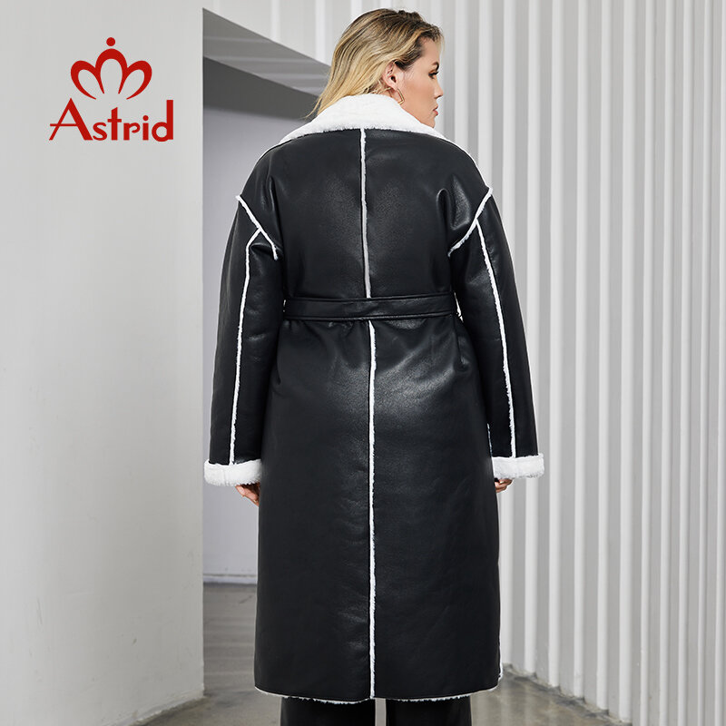 Astrid jaket kulit imitasi wanita ukuran Plus, mantel panjang hangat kerah empuk bersaku katun parka Musim Dingin 2023