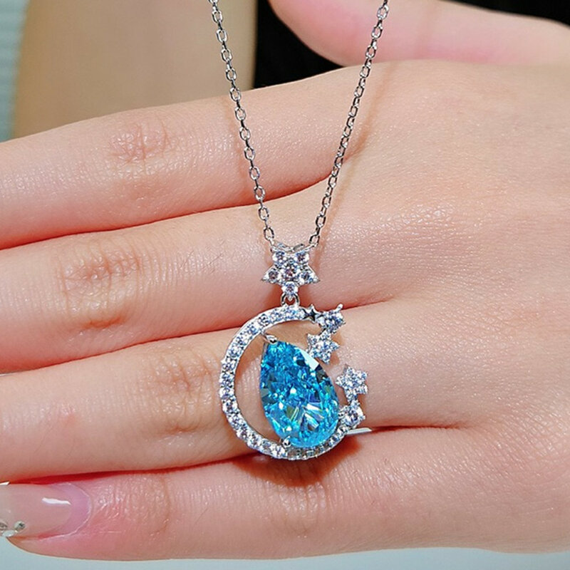 Blue Topaz Crystal Zircon Diamonds Gemstones Moon Stars Shape Pendant Necklaces for Women Girl Wife Girlfriend Jewelry Gifts New