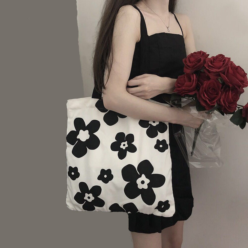 Borsa in tela con fiori bianchi neri da donna nuova borsa a tracolla per studenti di grande capacità