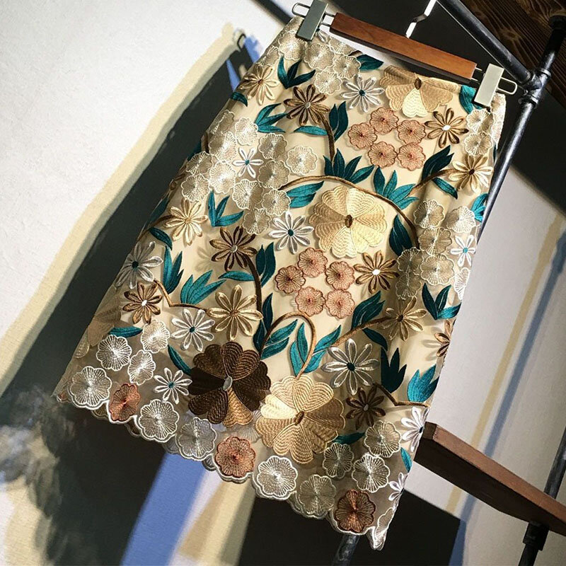 Luksusowy kwiatowy haftowana spódnica kobiety nowa moda Midi Sexy z wysokim stanem Bodycon spódnica imprezowa ołówkowa do biura spódnica