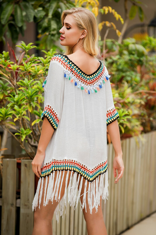 Rainbow Color Fringed V-neck Beach Blouse Hollow Sun Protection Holiday Sweet A-Line
