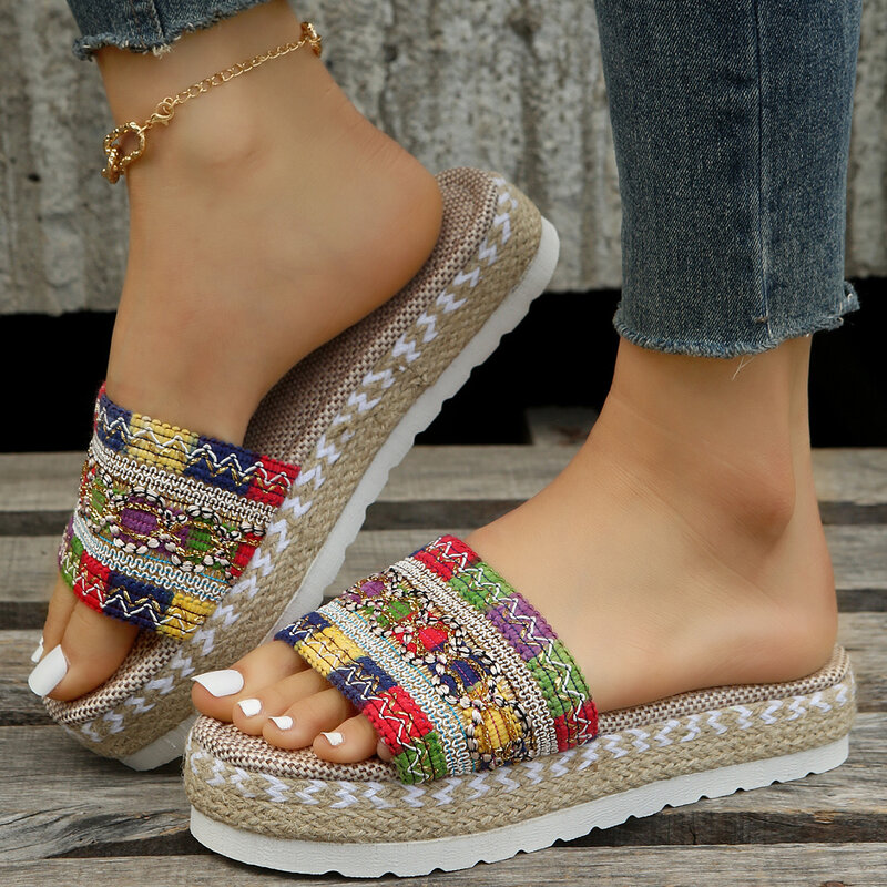 รองเท้าแตะส้นสูงสำหรับผู้หญิงทำด้วยมือสไตล์โบฮีเมียนรองเท้าฤดูร้อนส้นรองเท้าแตะสำหรับ...