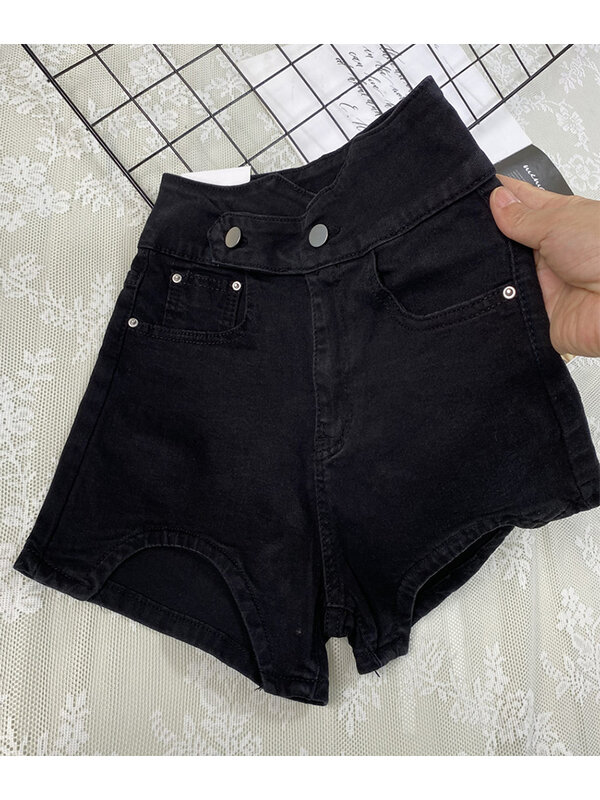 سراويل نسائية من الدنيم شورت صيفي قوطي أسود بخصر عتيق Y2k سراويل واسعة هاراجوكو سروال جينز قصير فضفاض غير رسمي كوري