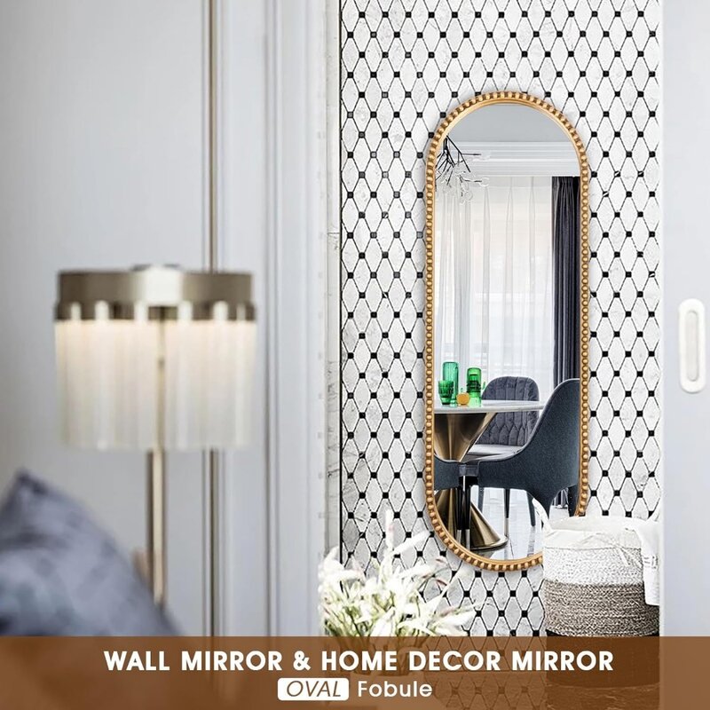 مرآة بيضاوية كاملة الطول ، مرآة بإطار معدني مطرز بالخرز للجدار ، ذهبية عتيقة ، بدون حامل ، 16 بوصة × 47 بوصة