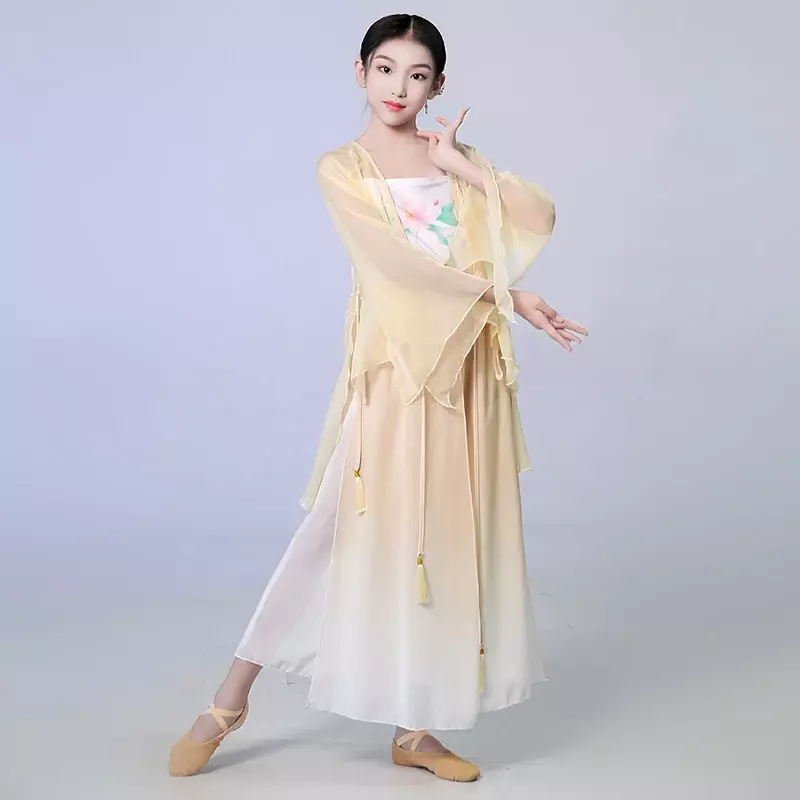 Classical Dance Clothes Girls Floating Chiffon Saree Chinese Dance Practice Clothes Girls Ethnic Fan Dance Performance Costume