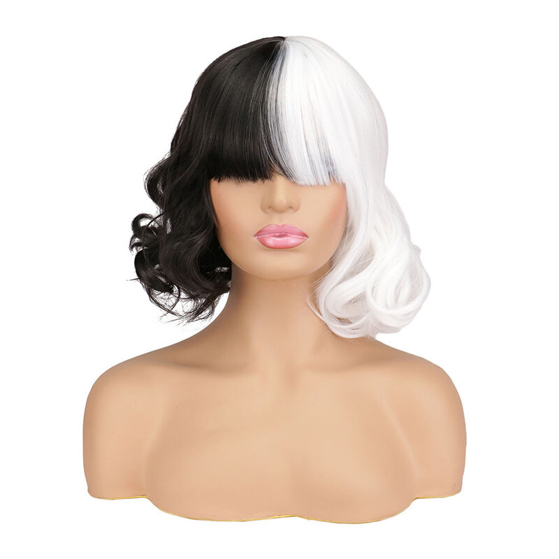 CRUELLA Deville De Vil Wig hitam putih, rambut palsu tahan panas Bob pendek dengan poni, kostum Cosplay pesta Halloween + topi Wig
