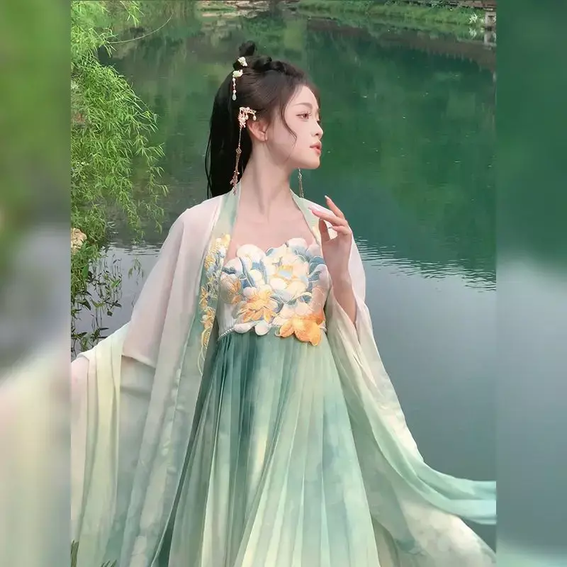 Розовая Женская юбка-чебула династии Тан, рубашка с большими рукавами и вышивкой, весна-лето, зеленая рубашка ханьские элементы в национальном стиле, ханьфу