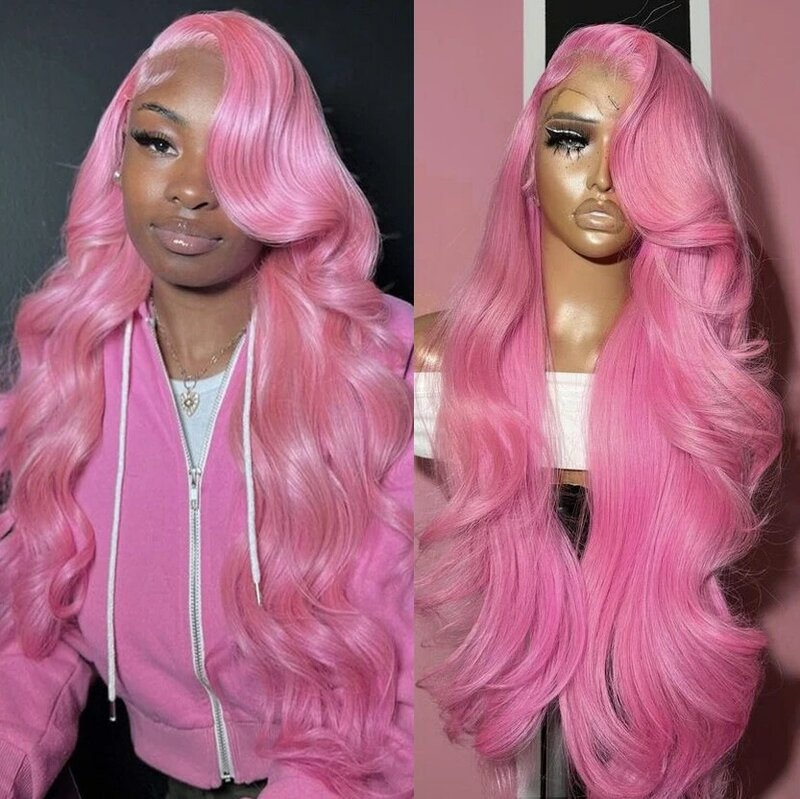 UStyleHair-Onda longa do corpo peruca sintética dianteira do laço para mulheres, cabelo rosa Cosplay, linha fina natural, uso diário