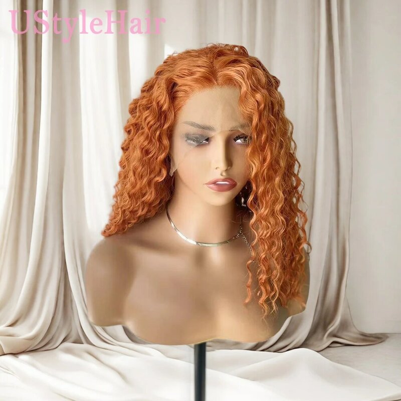 UStyleHair-peluca rizada de color naranja para mujer, cabellera sintética con malla Frontal, resistente al calor, larga y rizada profunda, de uso diario