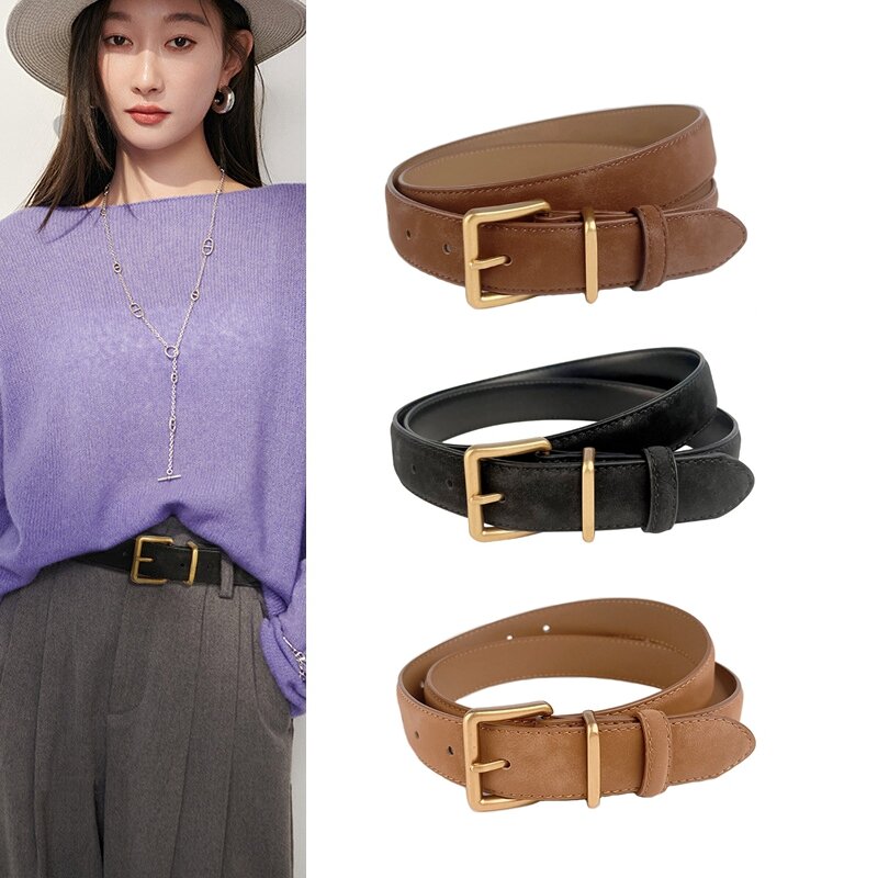 Cinturón de felpa de cuero genuino Retro para mujer, hebilla de aguja informal minimalista y versátil, cintura de pantalones vaqueros, negro