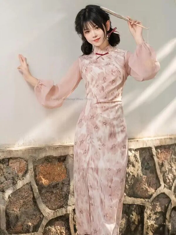 Chinese Style Hanfu Cheongsam Dress Women A Line Qipao Girl Graceful Style Casual Daily Lady Improved Chiffon Cheongsam Dress