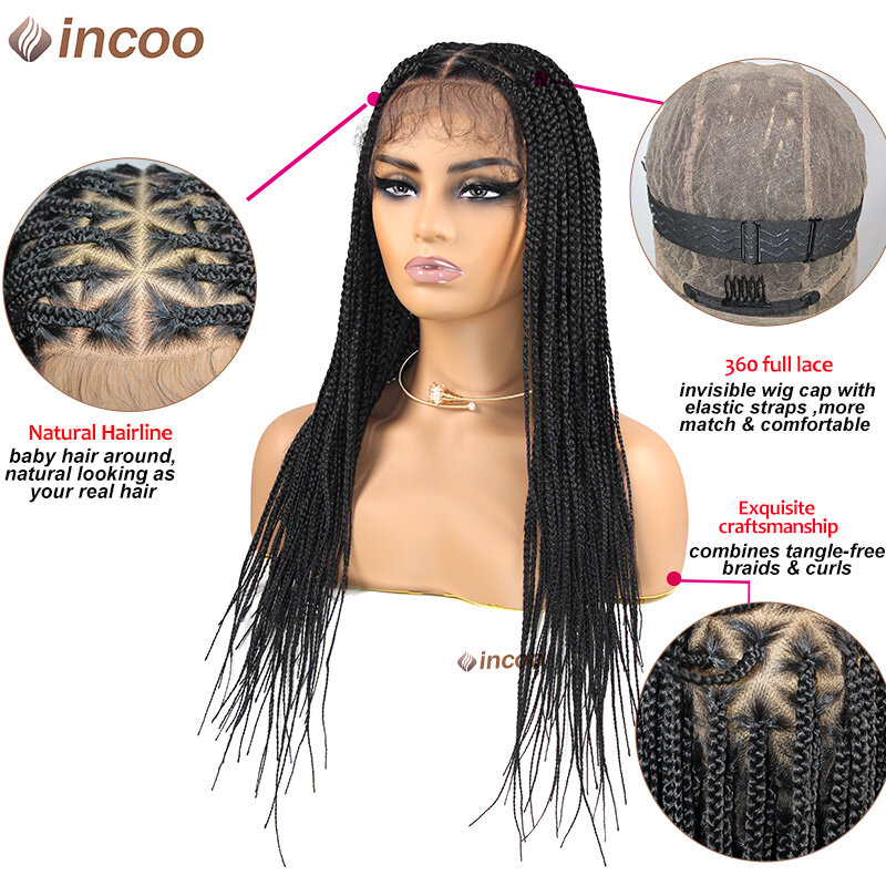 Incoo 26'' Triangle Knotless Box Braided Wigs For Women Full Lace Front Wig With Baby Hair Synthetic Handmade Cornrow Braids Wig