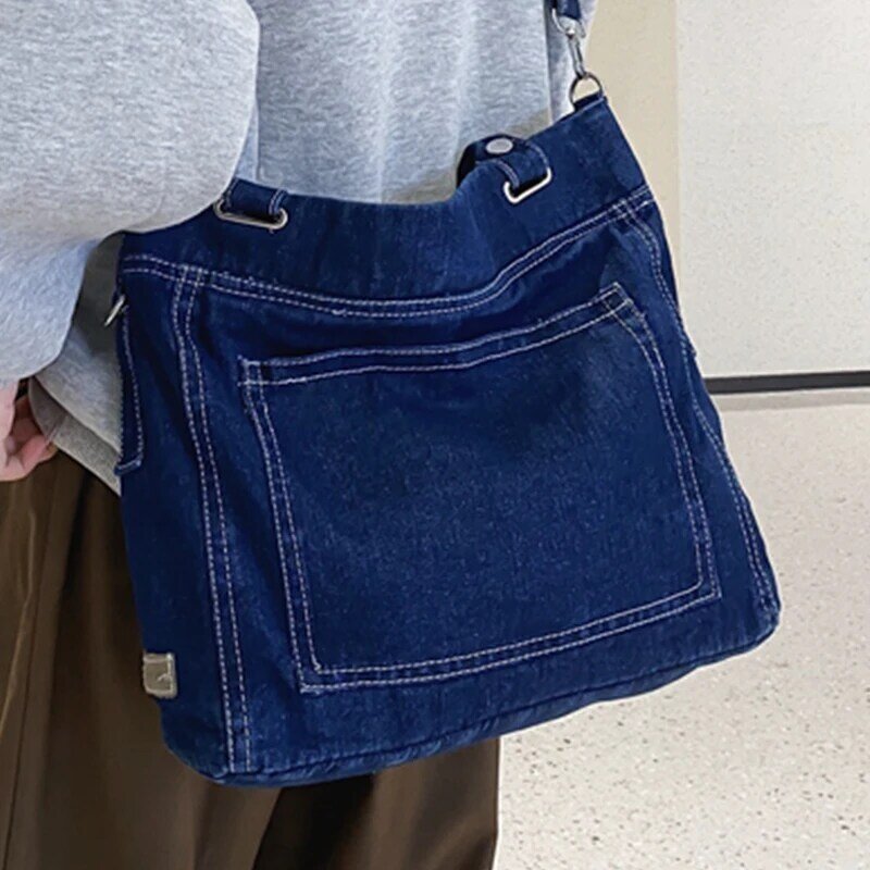 Ciemnoniebieska damska dżinsowa torba Crossbody oryginalna markowa jednokolorowa szeroka torba kurierska z paskiem na ramię designerska damska torby na zakupy