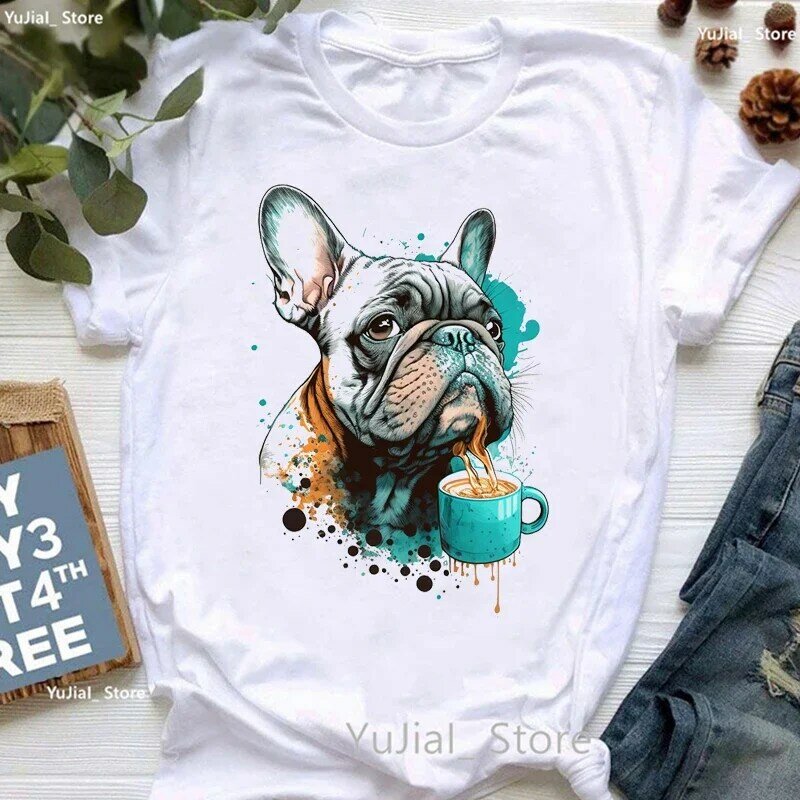 2024 French Bulldog Puppy Love Coffee Print T Shirt Girls Funny White Tshirt Women Harajuku Kawaii Dog Lover T-Shirt Female