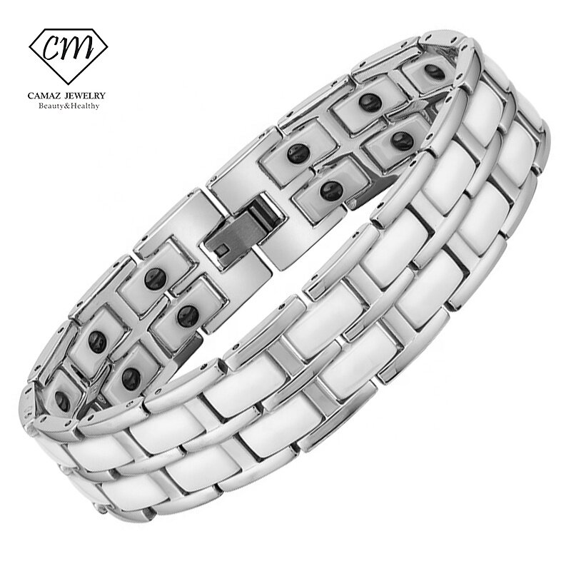 Logotipo personalizado ímã hematita energia pulseira, pulseira de cerâmica de aço inoxidável para homens e mulheres, presente