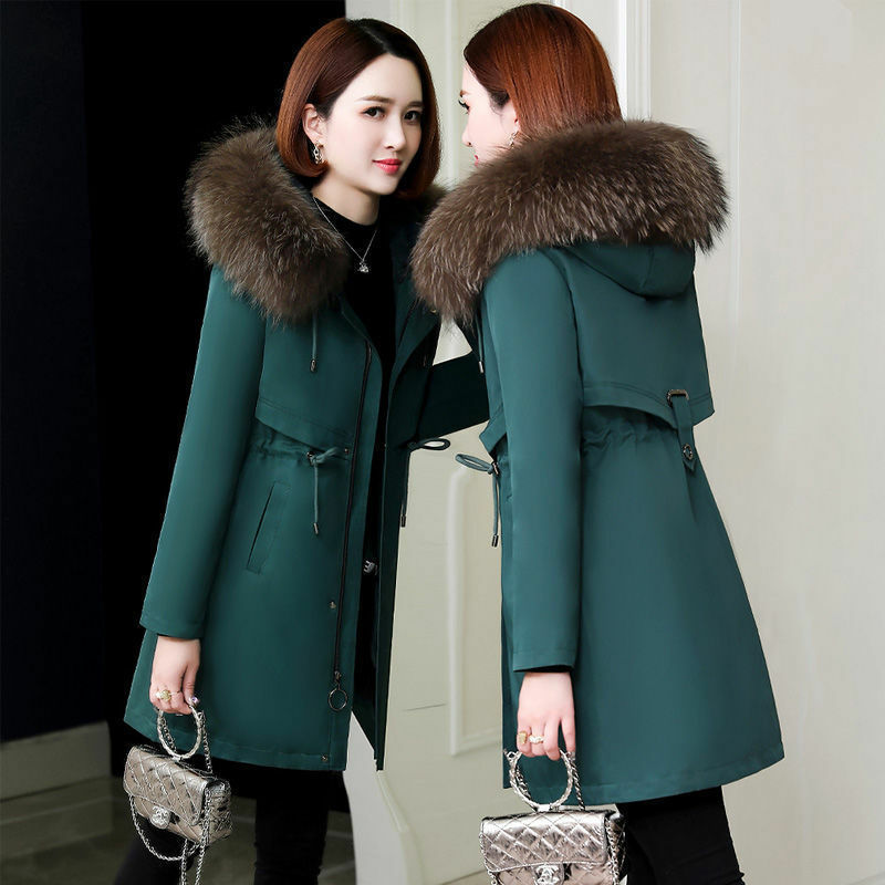 2023 Winter New Women Mid-Length Detachable Fur Parkas Thickened Warm Leisure Fur Collar Coat Fashion Large Size Hooded Outwear