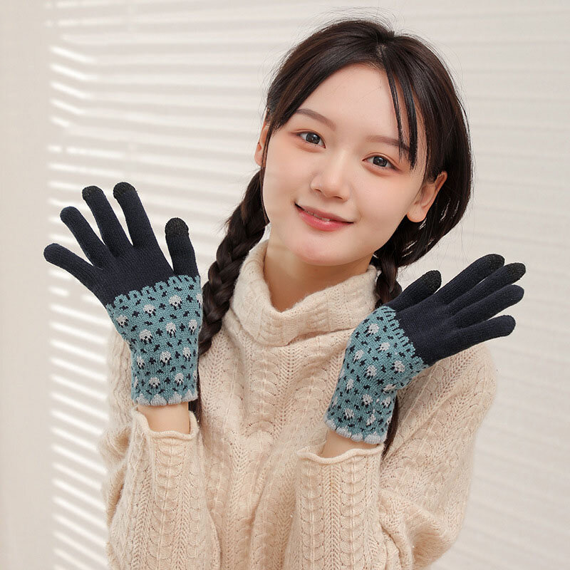 Elastische Volledige Vinger Handschoenen Dikke Fietsen Mode Touchscreen Vrouwen Winter Warm Gebreide Handschoenen Student Meisje Kerstcadeau T70
