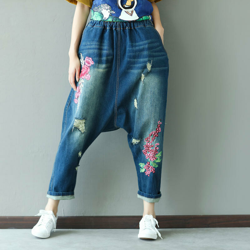Pantalones vaqueros holgados bordados para mujer, Vaqueros bombachos de tiro caído, estilo Hip Hop, Vintage, rasgados, con agujeros, cintura alta, 2024