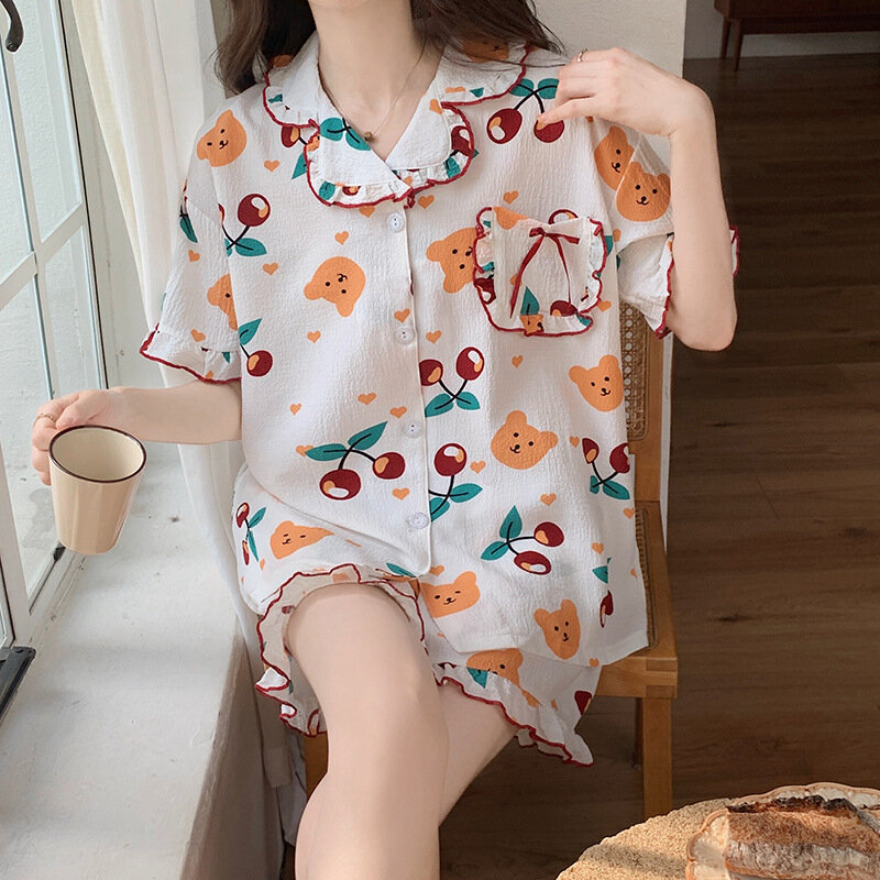 Dames Pyjama Sets Lente Zomer 2 Stuk Print Kersenpyjama Knopen Dwon Nachtkleding Korte Mouw Pijama Mujer Pjs Homewear