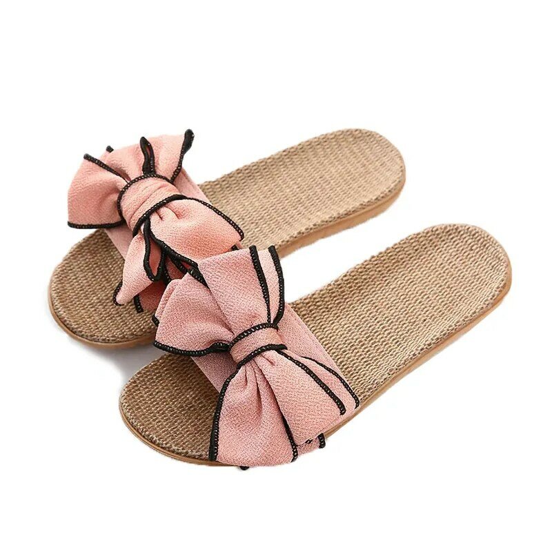 Mntrerm 2024 baru Sneakers kasual untuk rumah sandal musim panas busur simpul Lembut Lantai Wanita dalam ruangan sepatu datar lucu Linen sandal Terlik
