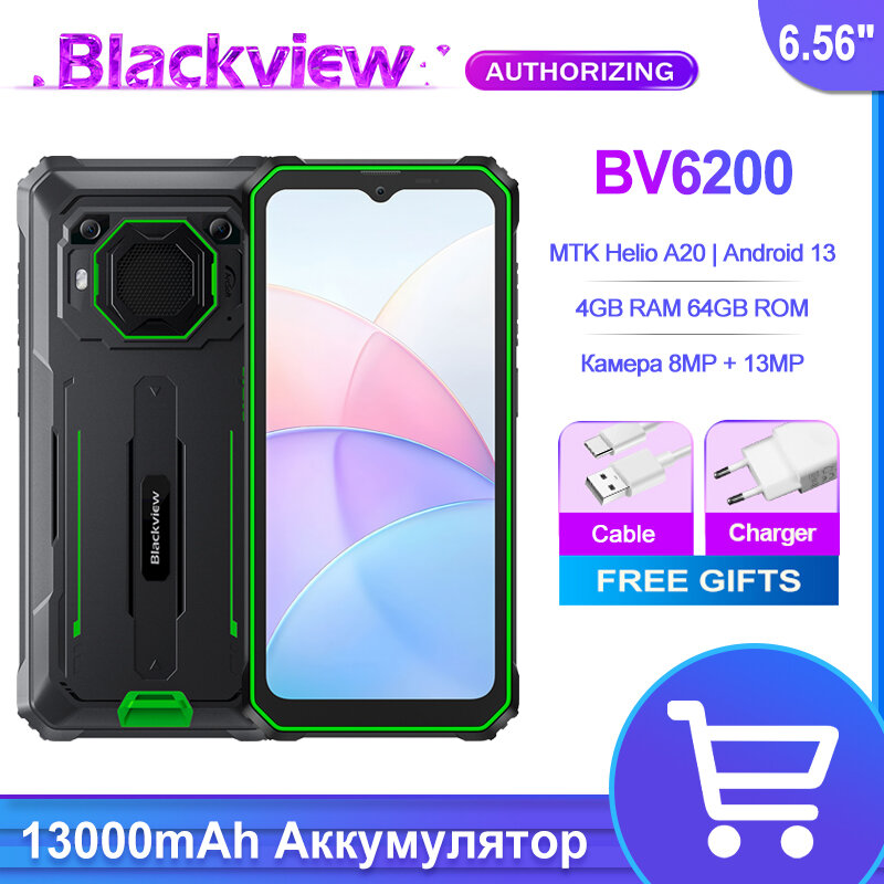 Blackview- BV6200 Cámara de 13MPHelio A22, pantalla de 6,56 ", 4GB, 64GB, 13000mAh, 18W de carga, cámara trasera de 13MP, resistente al agua