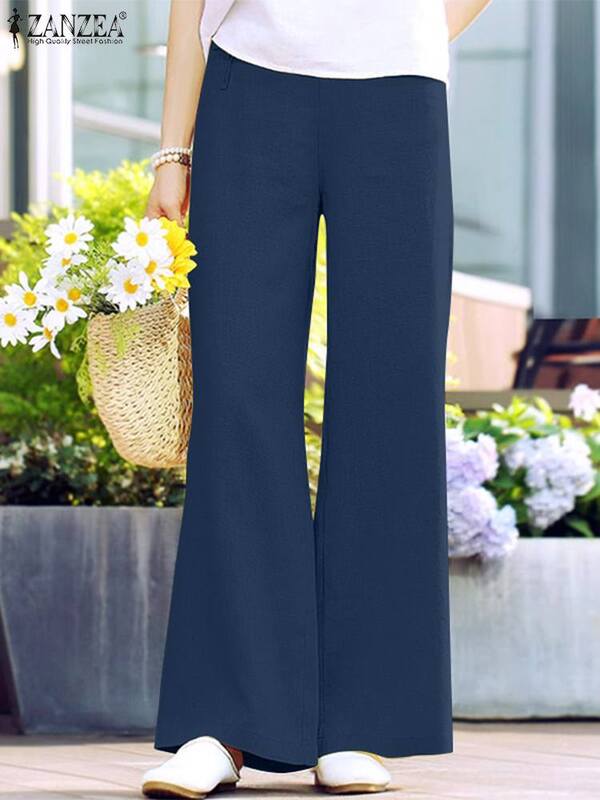 ZANZEA Solid Color Cotton Linen Long Trouser Elegant Vintage Plain 2024 Summer Slacks Casual Daily Women Pantalon Wide Leg Pant