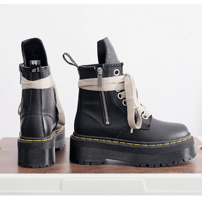 Мужские кожаные ботинки унисекс, черные ботинки на платформе и толстой подошве, на шнуровке, короткие сапоги для влюбленных, на шнуровке, 2024