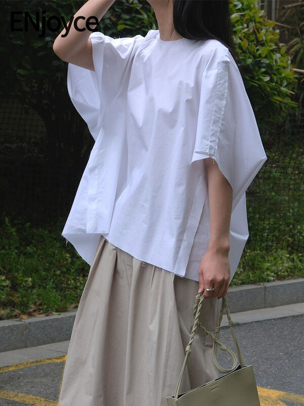 بلوفر قمصان قصيرة الأكمام للنساء ، ملابس الشارع الكسول والتبسيط ، بلوزات بيضاء طويلة ، قمة مريحة باردة برقبة مستديرة ، الصيف ،
