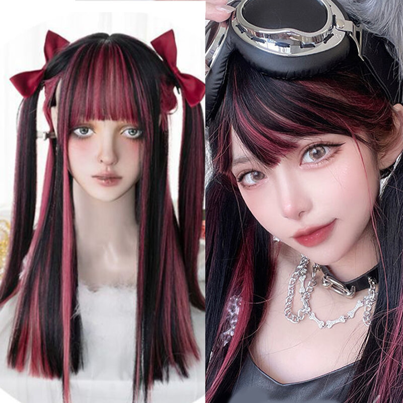 Black Highlights Pink Long Straight Hair Lolita Synthetic Wig Braiding Girls Cosplay Daily Use With Bangs