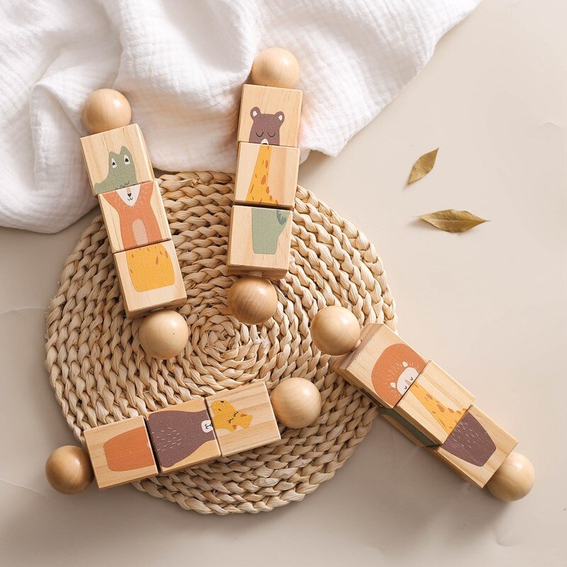 1pc Baby Wooden Rotating Rattle Animal Matching Newborn Soothing Toy Rotate Blocks Rotating Puzzle Montessori Toys for Babys