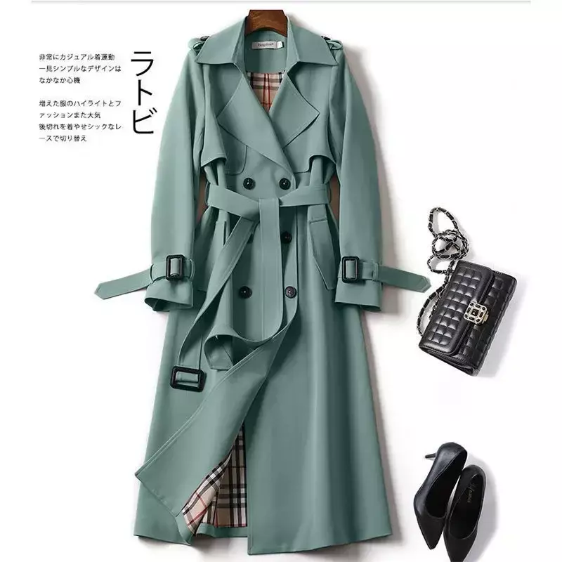 Double Casual Windbreaker Japanese-style Long Spring and Autumn New British Style Coat Over the Knee Coat Women's Blends