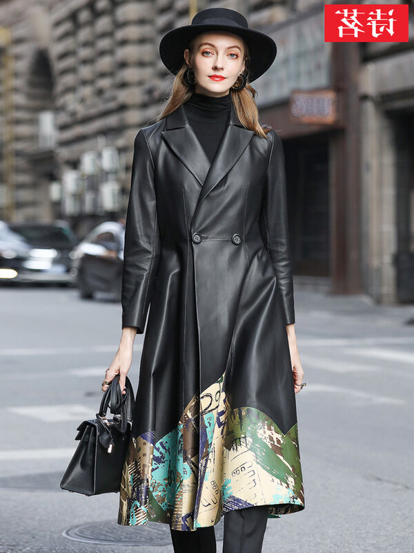 Haining 여성용 정품 가죽 코트, 프린트 슬림 양가죽 바람막이 코트, 롱 패션, 2023 신상