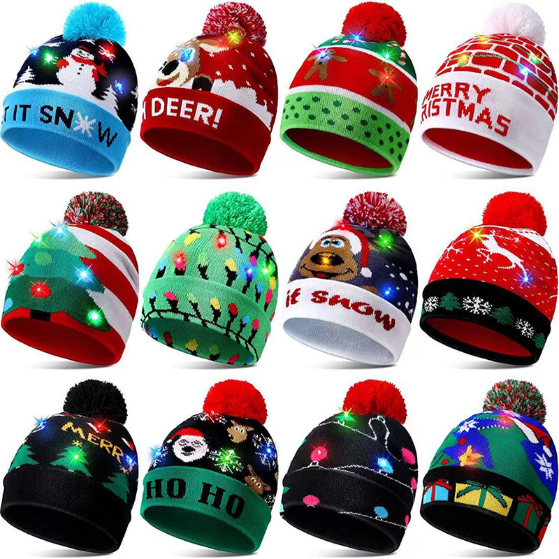 Chapéu de Natal tricotado para crianças e adultos, chapéu de Papai Noel com LED, presente de Natal, ano novo, fofo, inverno, 2023, 2024