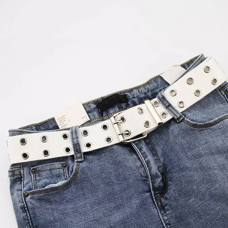 Fashion Wide Canvas Belts Casual Double Hollow Hole Buckle Belt Adjustable Solid Color Waist Strap For Women Men Students Jeans