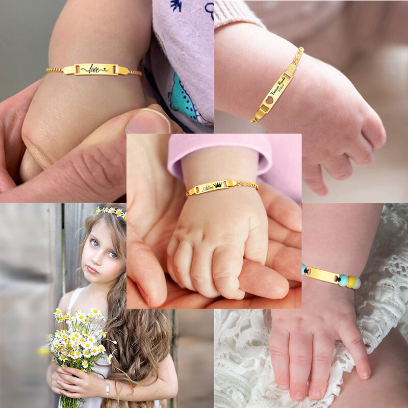 Personalizza braccialetti con nome del bambino Non allergia in acciaio inossidabile gioielli per braccialetti con battesimo per neonati regali personalizzati per l'amore della famiglia della ragazza del ragazzo