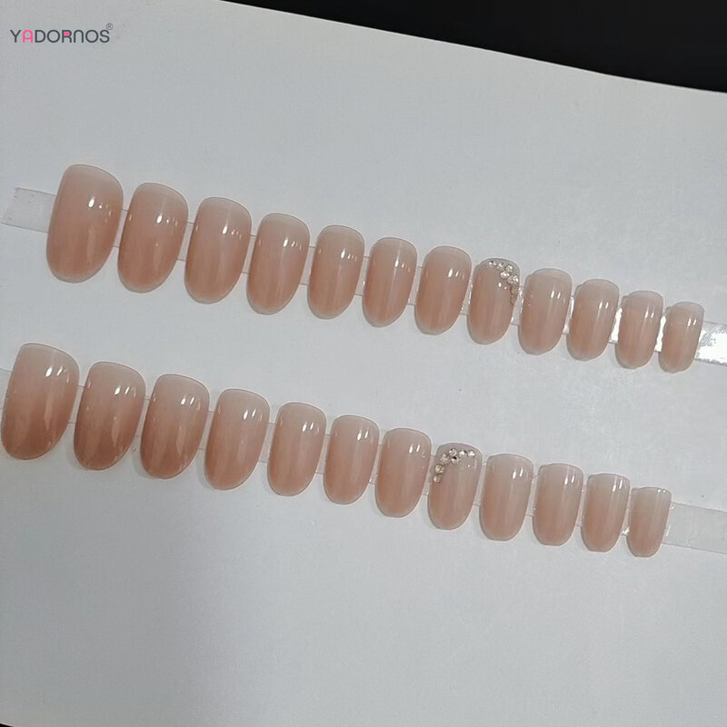 Nude Color Press on Nails with Diamond Designed Short Round Head Fake Nails Full Cover Wearable False Nails Tips for Women 24Pcs