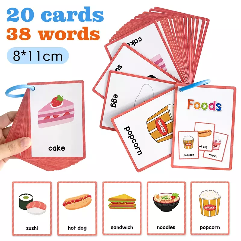 子供のための英語の単語が付いた20枚のカード,両面学習カード,幼児のためのモンテッソーリ教育玩具