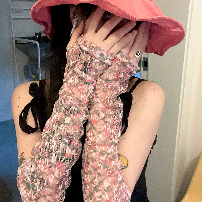 Женские длинные кружевные перчатки с цветочным принтом, ажурные солнцезащитные перчатки из вискозы, летние сетчатые перчатки для вождения с защитой от УФ-лучей