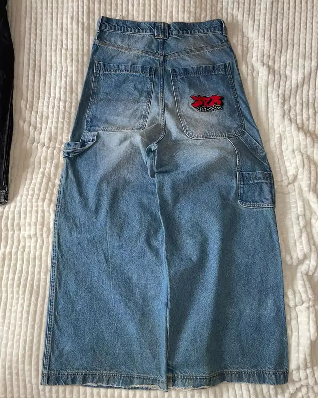 Jeans com letras gráficas bordados para homens e mulheres, calças retrô de skate, calças largas de cintura alta, streetwear hip hop, Y2K, 3 peças
