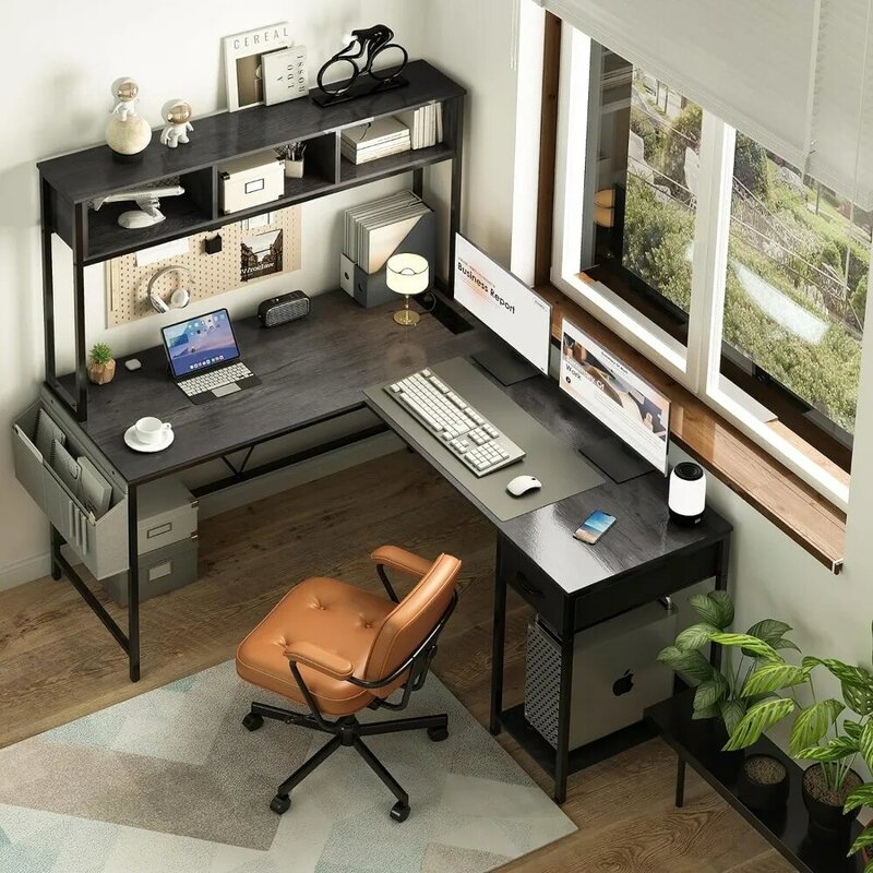 Gaming Desk em forma de L com faixa de LED e Power Outlet, mesa do computador reversível, prateleira de armazenamento e gaveta