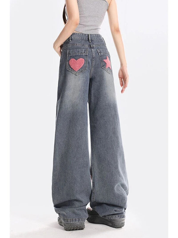 Модные дизайнерские джинсы с вышивкой в виде розовых букв, весенние прямые широкие джинсы в стиле ретро, с высокой талией